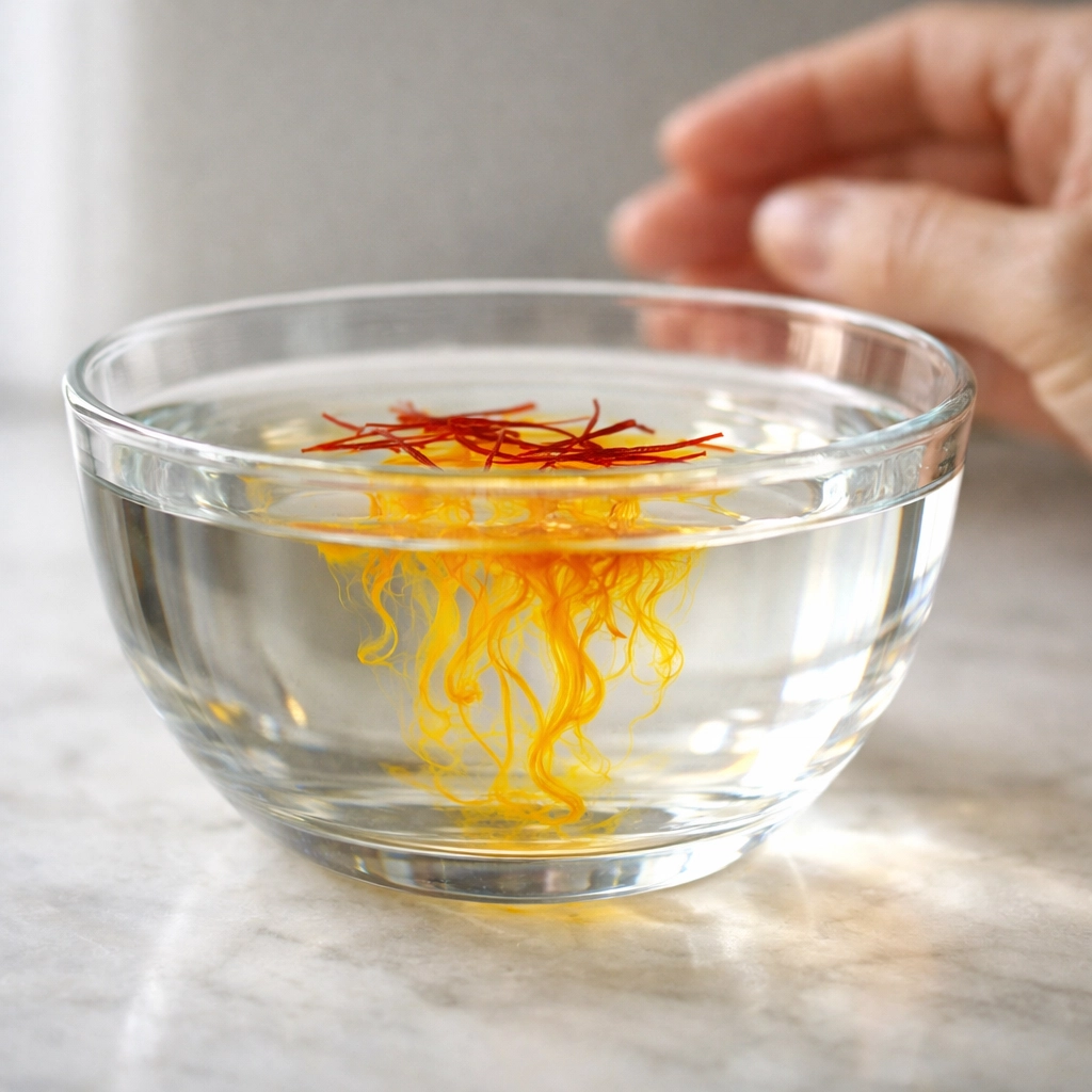 Real Kashmiri Kesar threads in water showing slow release of golden color for a purity test.