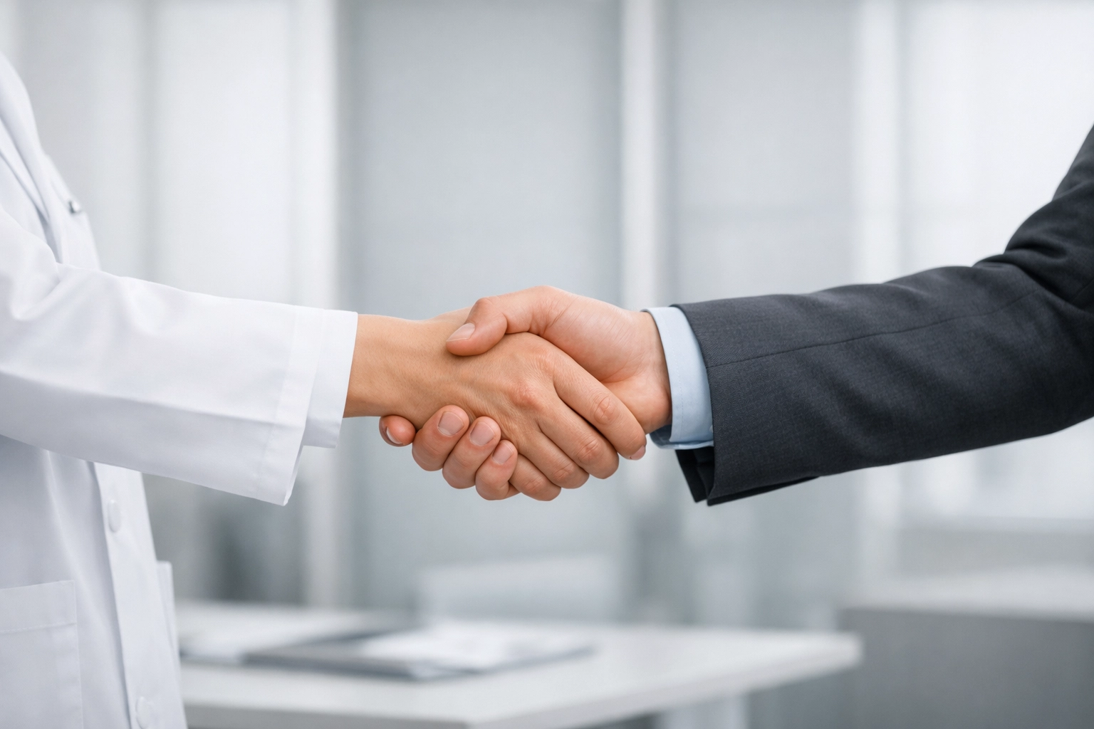 A professional handshake between a chiropractor and marketing manager representing an exclusive partnership.