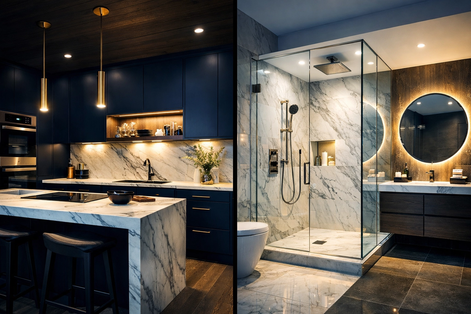 Luxe Houston kitchen and bathroom remodeling design with modern cabinets and elegant marble finishes.