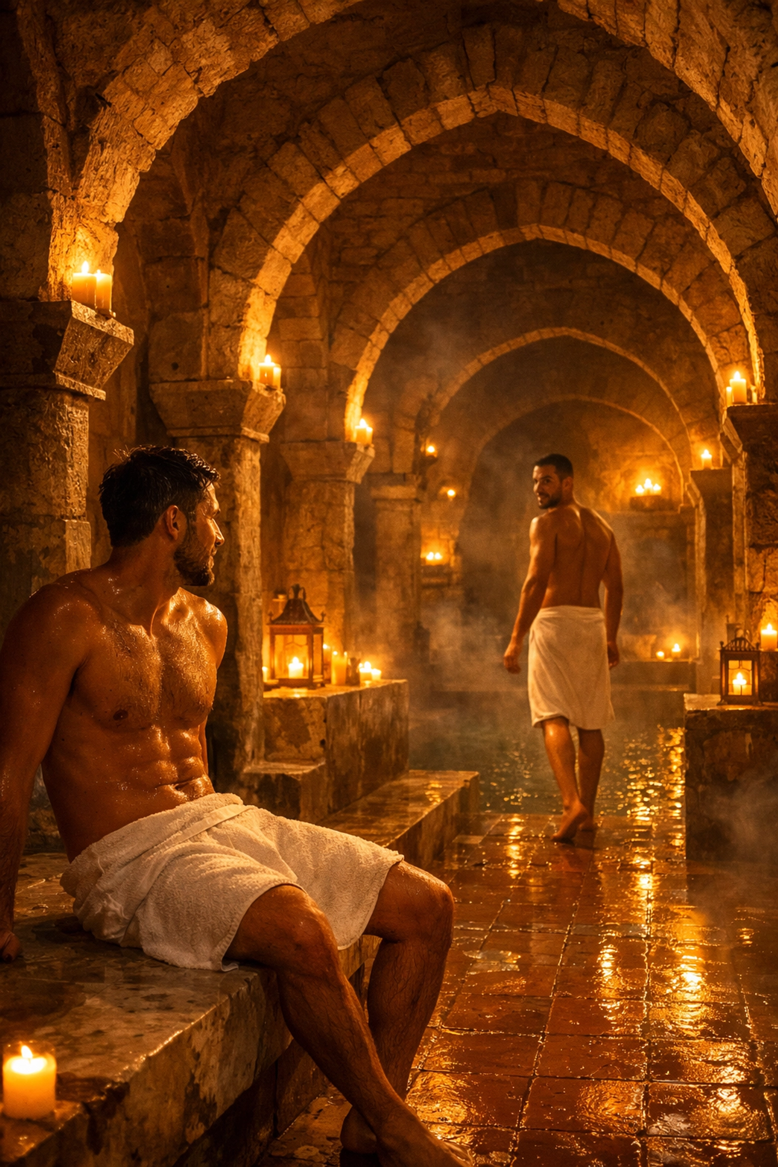 Candlelit Barcelona gay bathhouse interior with stone arches and rising steam