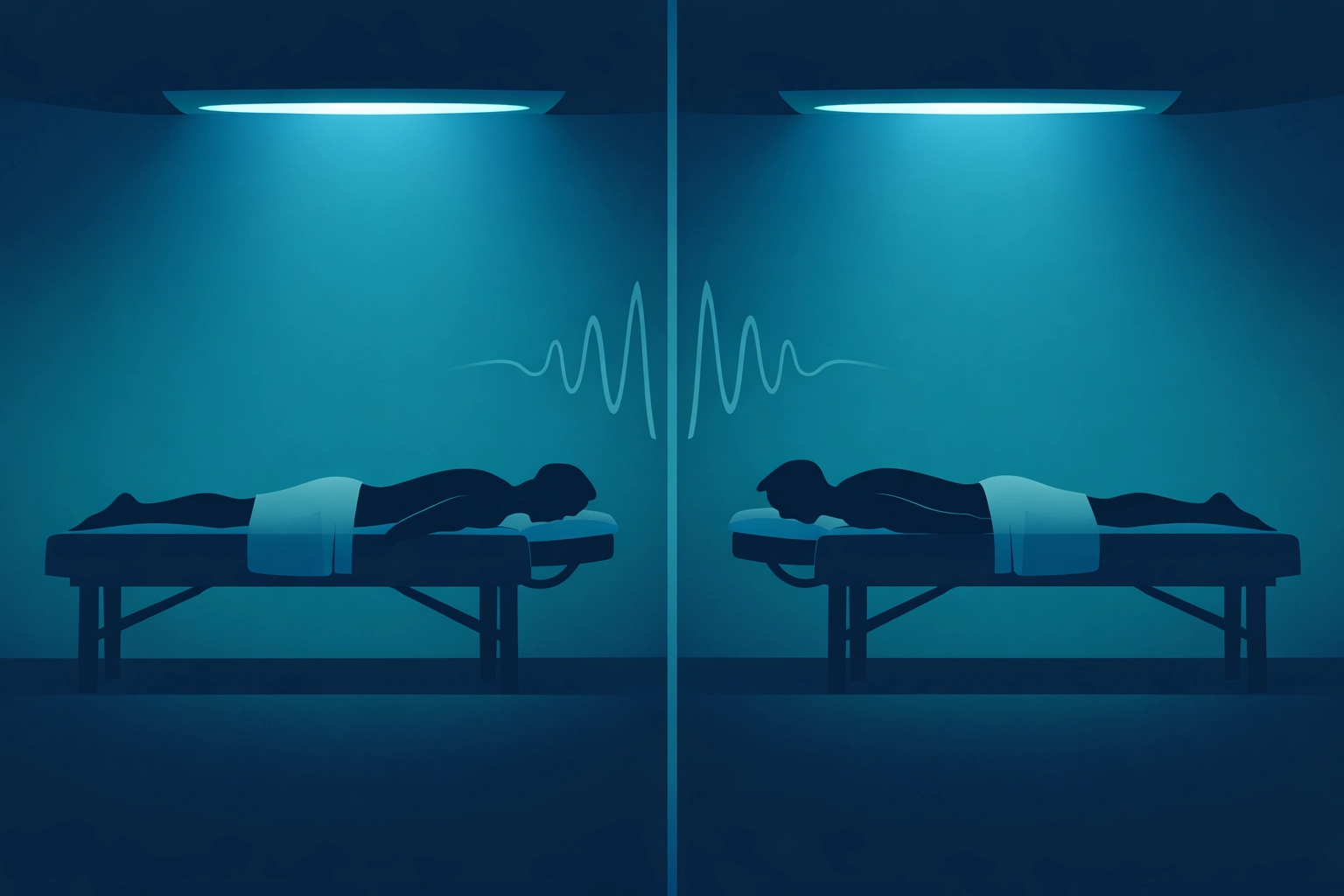 Two men receiving simultaneous massages in adjacent sauna rooms