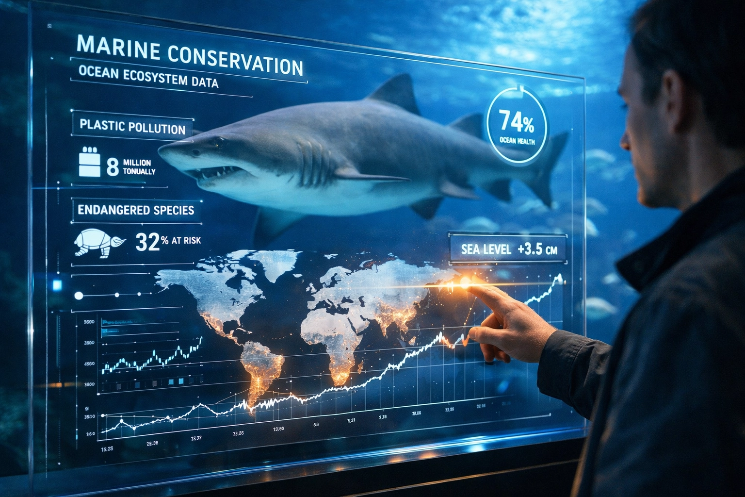 Interactive aquarium display showing digital educational content through advanced visual communication.