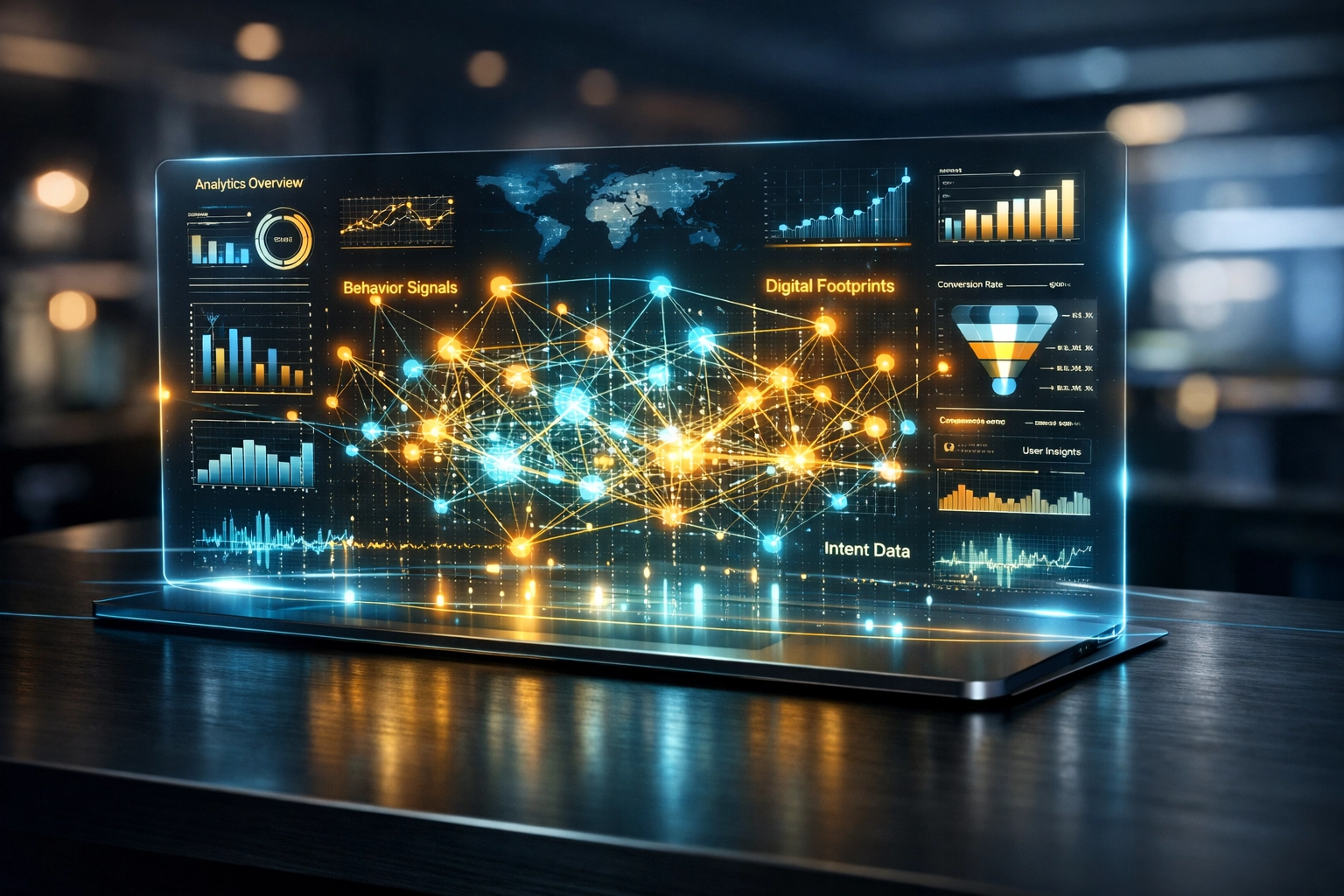 Futuristic digital dashboard tracking intent data to boost AI marketing and lead generation results.