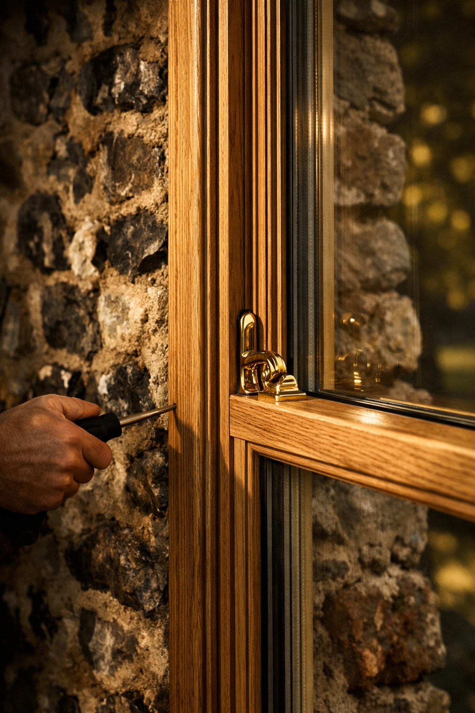 Bespoke timber sash window installation in a historic Chichester flint wall.