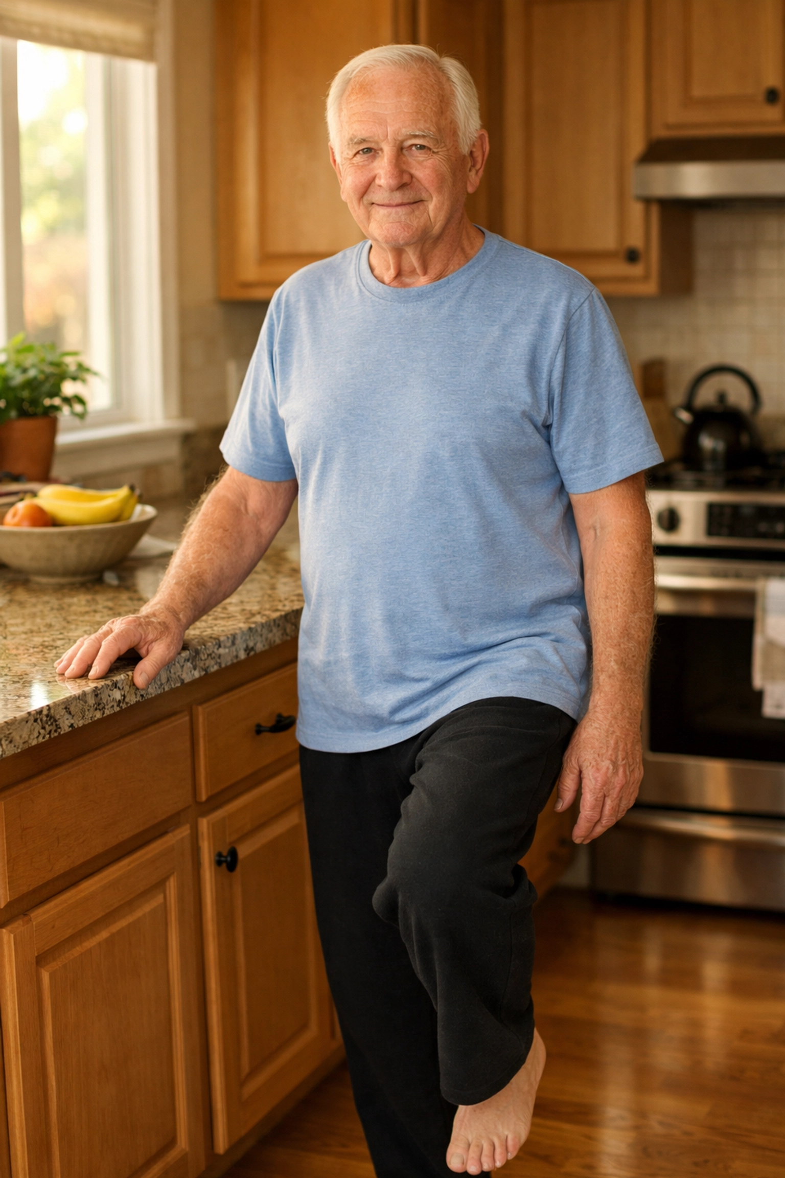 Senior man practicing a supported single-leg stand in a bright kitchen to improve balance.