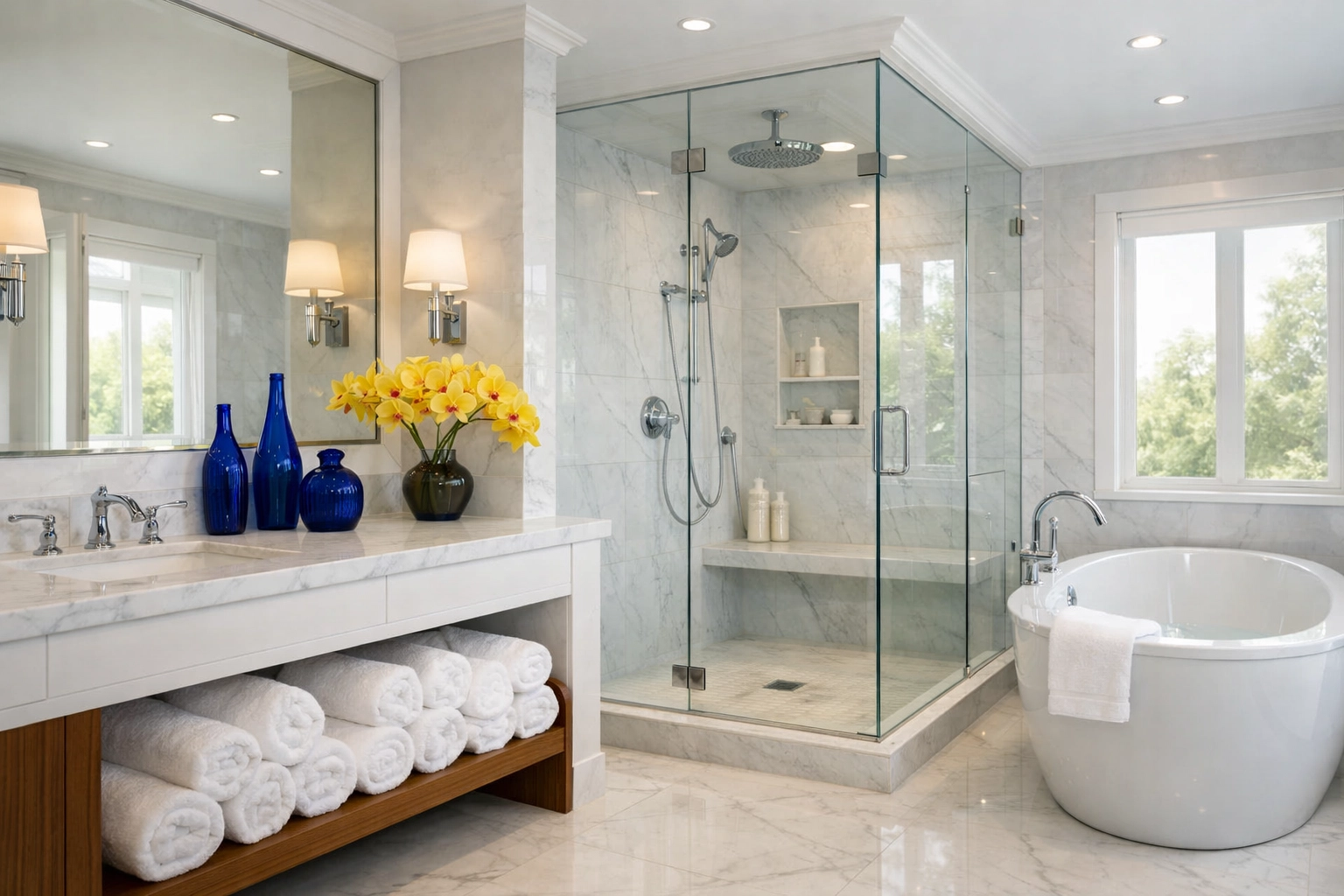 Immaculate spa-like bathroom featuring marble surfaces after a thorough Spring Deep Cleaning MA service.