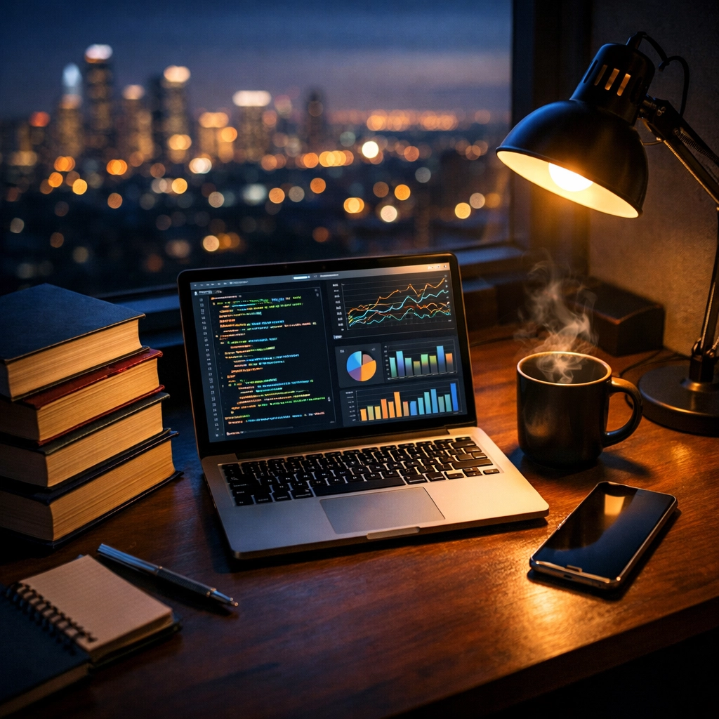 Student desk with a laptop showing code and charts, highlighting high-paying technical side hustles in university.