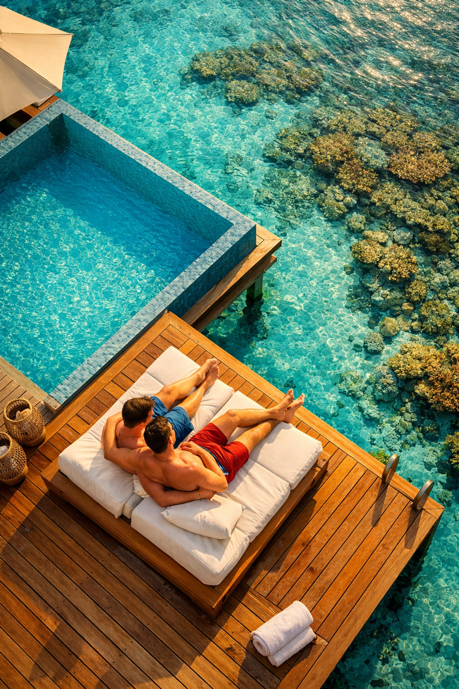 Gay couple relaxing on luxury overwater villa deck in Maldives with infinity pool