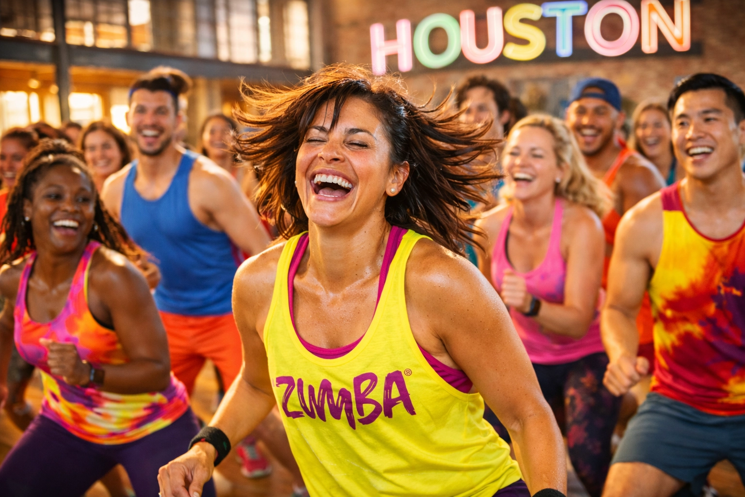 A joyful woman and a diverse group dancing together during a vibrant Houston Zumba class.