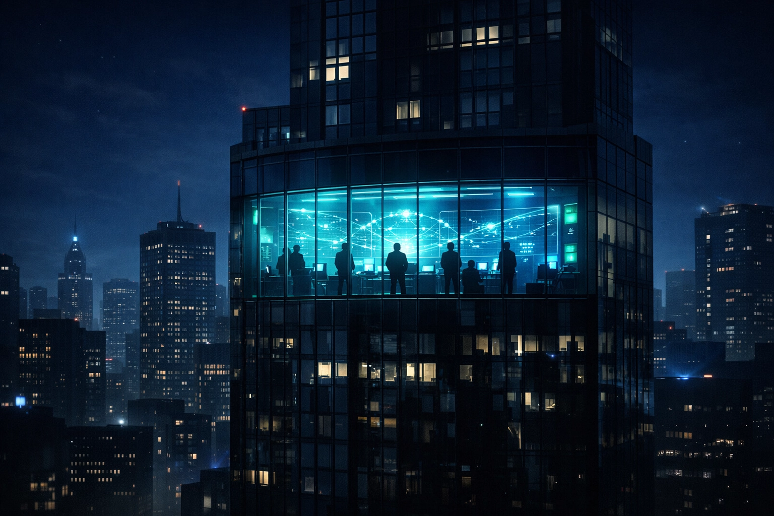 Security analysts providing 24/7 SOC monitoring in a high-tech city office at night.