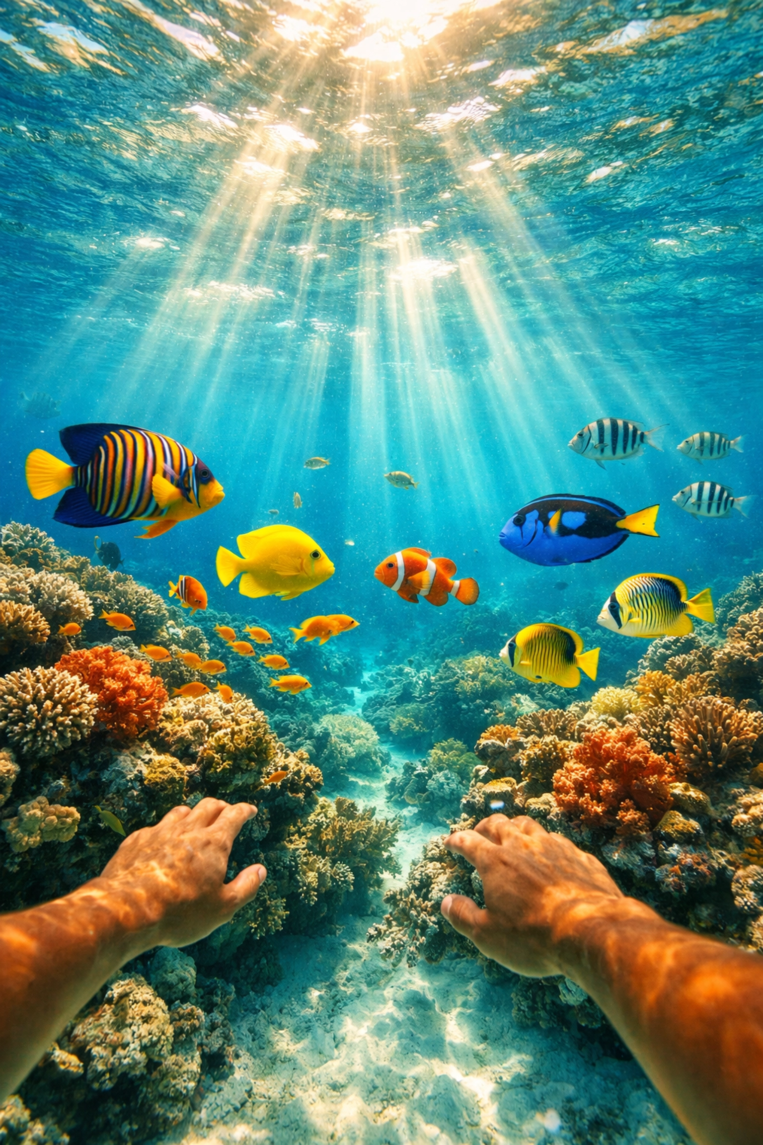 Snorkeling underwater view with tropical fish and coral at Paradise Beach Cozumel