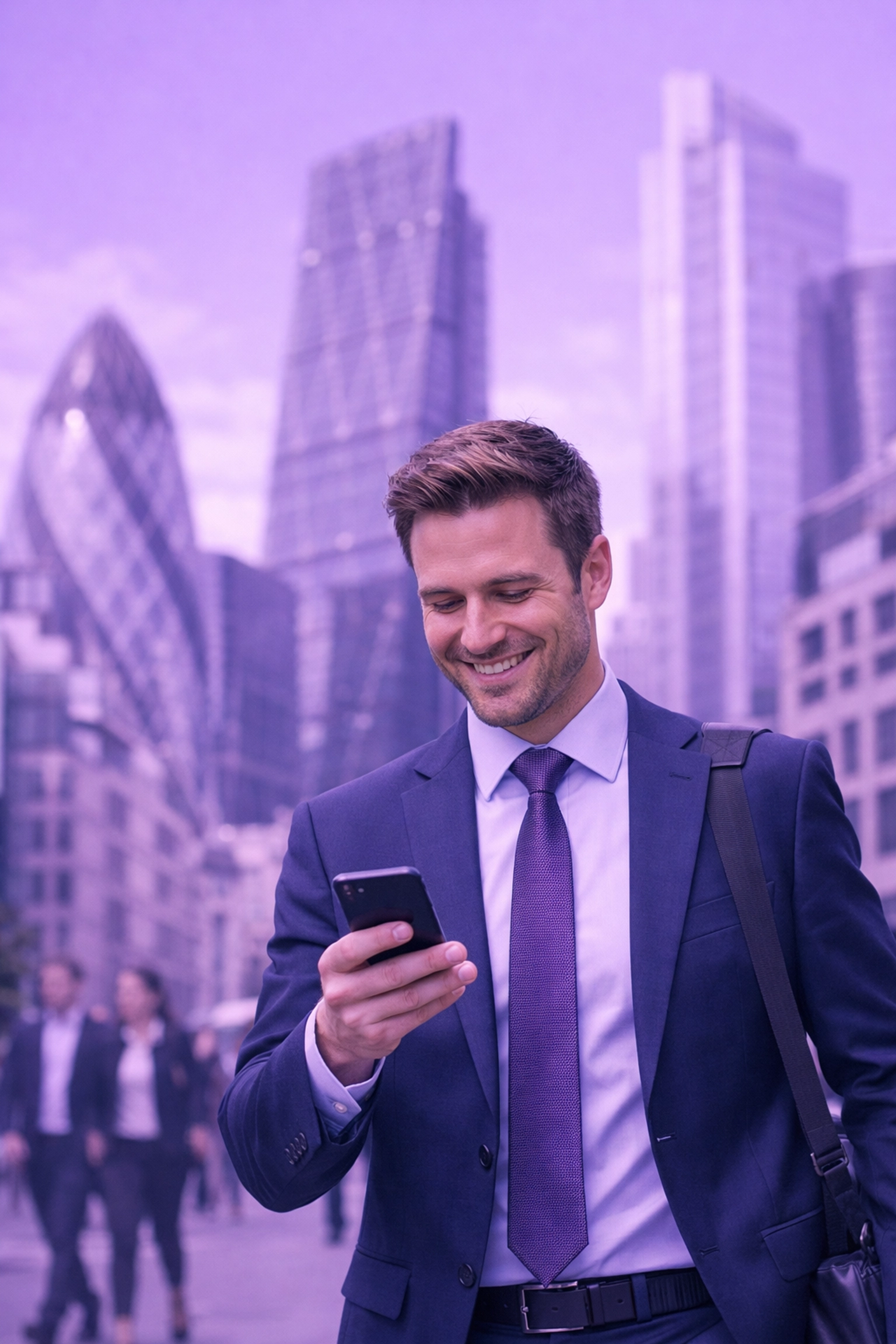 UK sales executive using automated lead management while walking in a financial district.