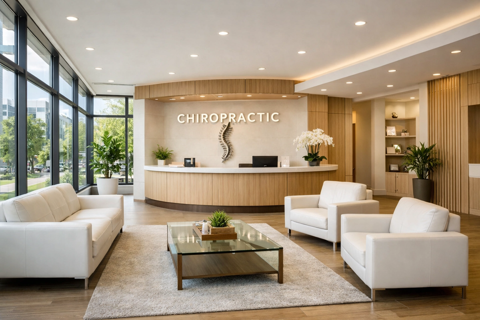 A professional, high-end chiropractic clinic lobby representing a successful, foundation-first practice.