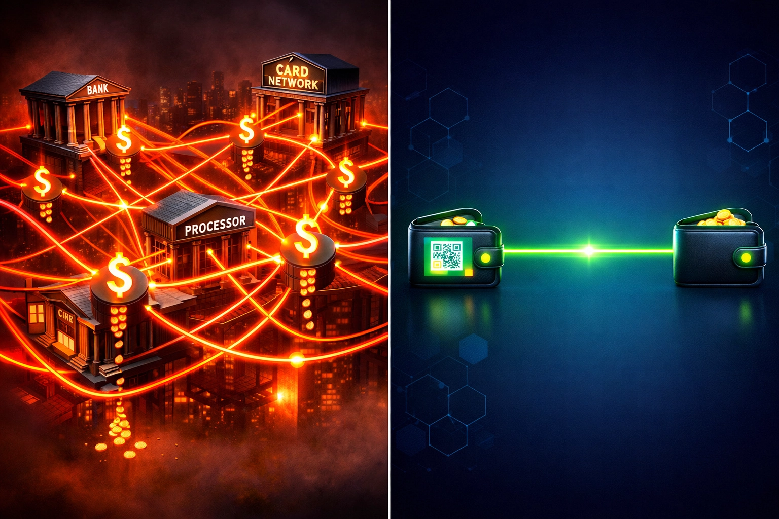 Traditional payment processing vs self-custody crypto payments comparison showing fee reduction
