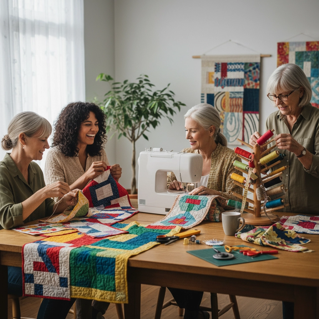 Ladies sewing quilt kit at table