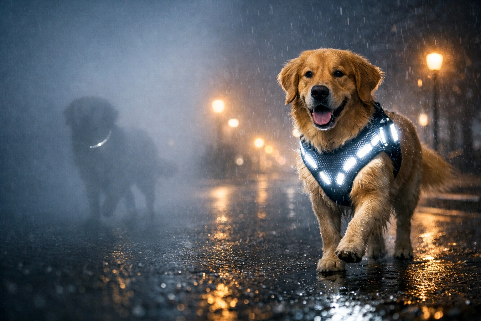 LED dog harness with bright white lights vs reflective collar in foggy night conditions