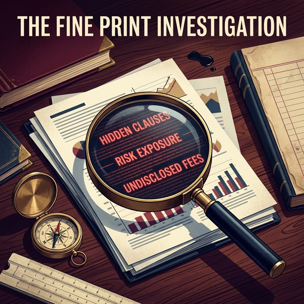 Magnifying glass highlighting fine print on layered financial documents, illustrating the critical need for thorough investment due diligence.