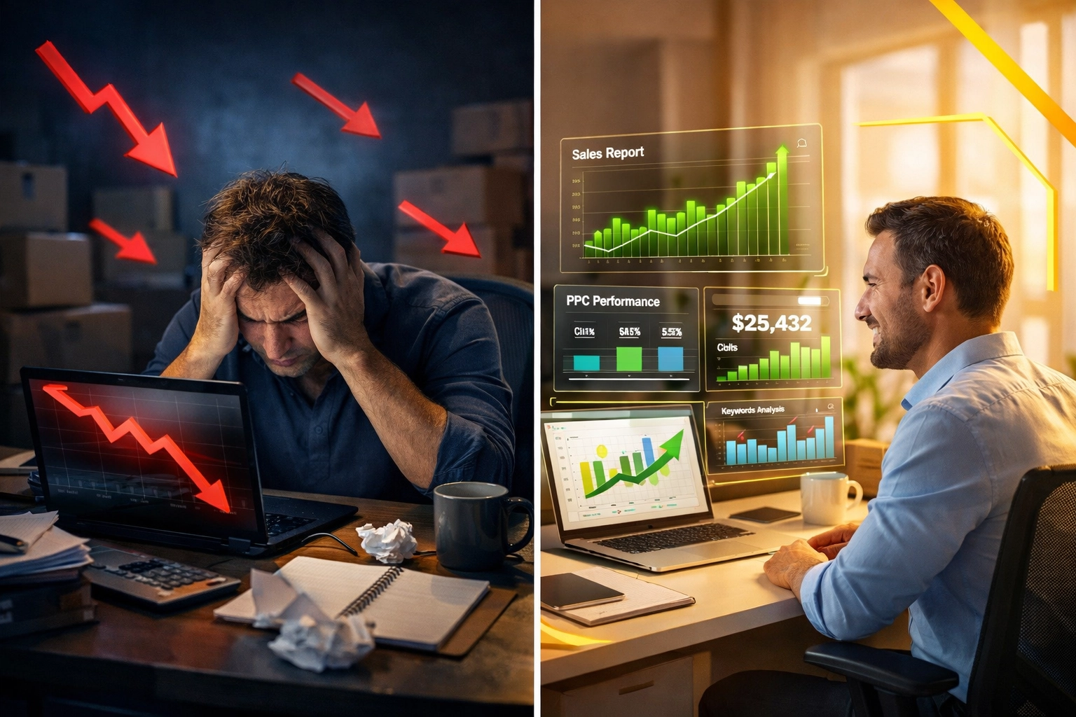 Comparison of declining Amazon PPC campaigns versus optimized ads management with growth metrics