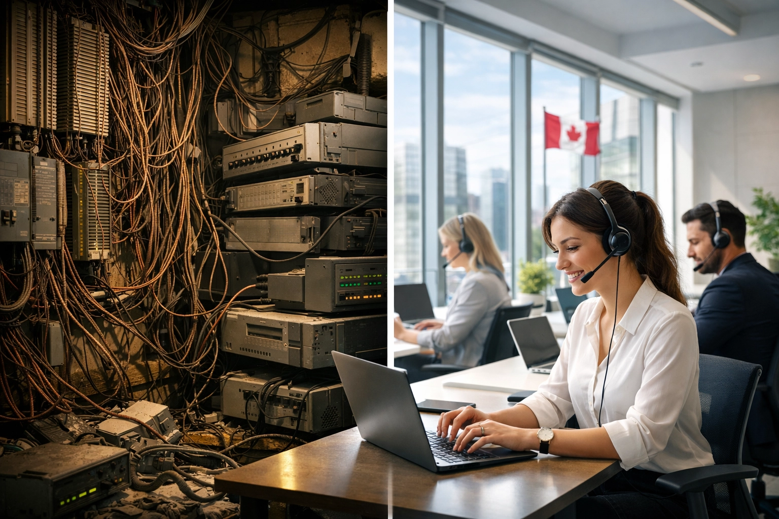 Comparing legacy phone hardware with modern cloud PBX Canada office solutions.