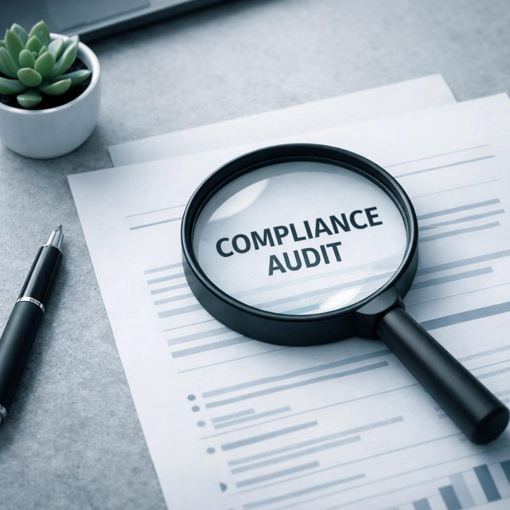 A magnifying glass on a modern desk representing an HR compliance audit and strategic management.