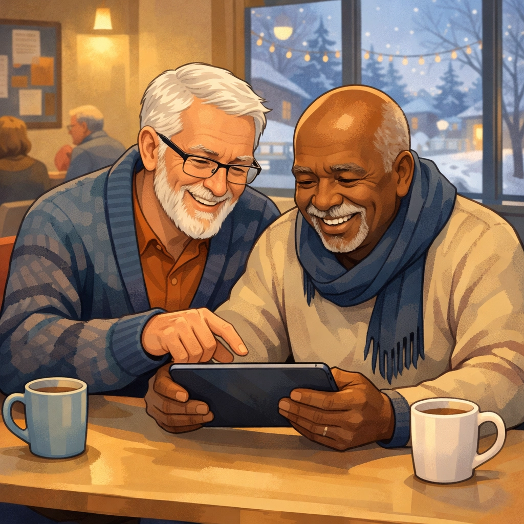 Gay seniors learning technology together at community center in winter