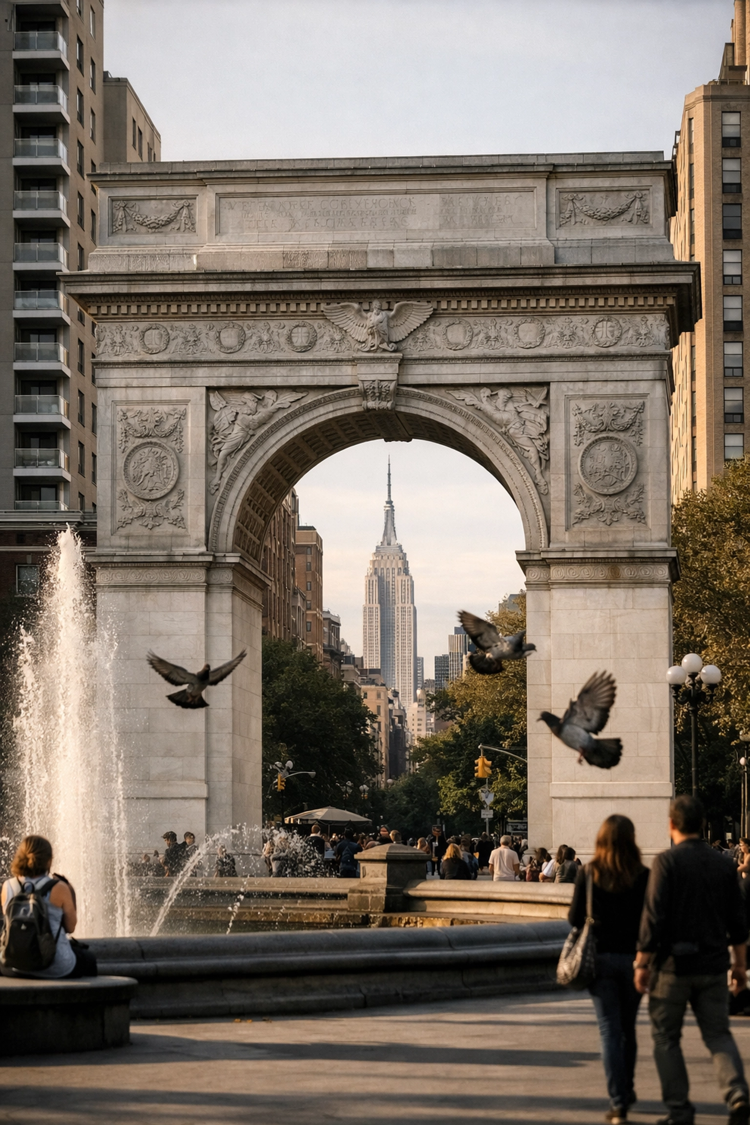Washington Square Arch framing the Empire State Building, one of the best places to take pictures in NYC