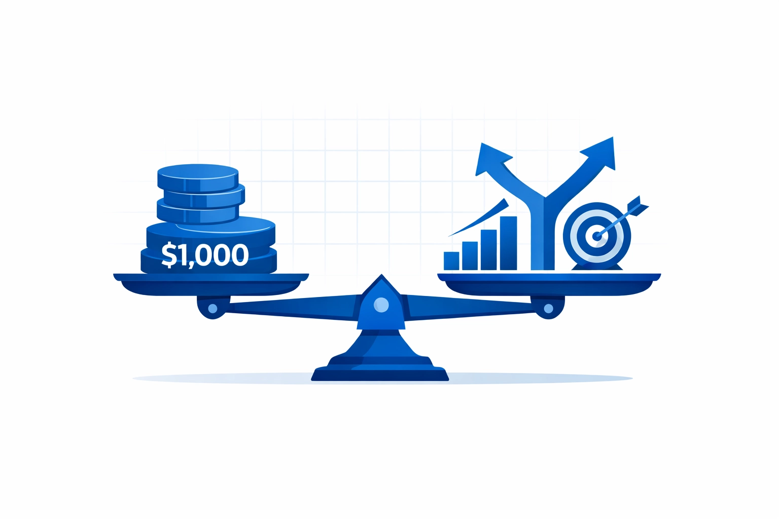 A professional illustration of a $1,000 digital marketing budget being allocated to different ad channels.