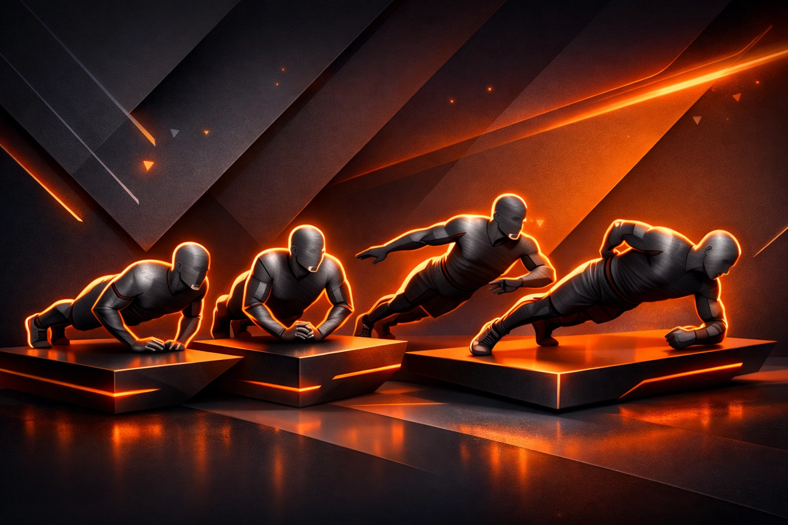 Push-up progression sequence showing advancement from basic to one-arm variations in calisthenics training