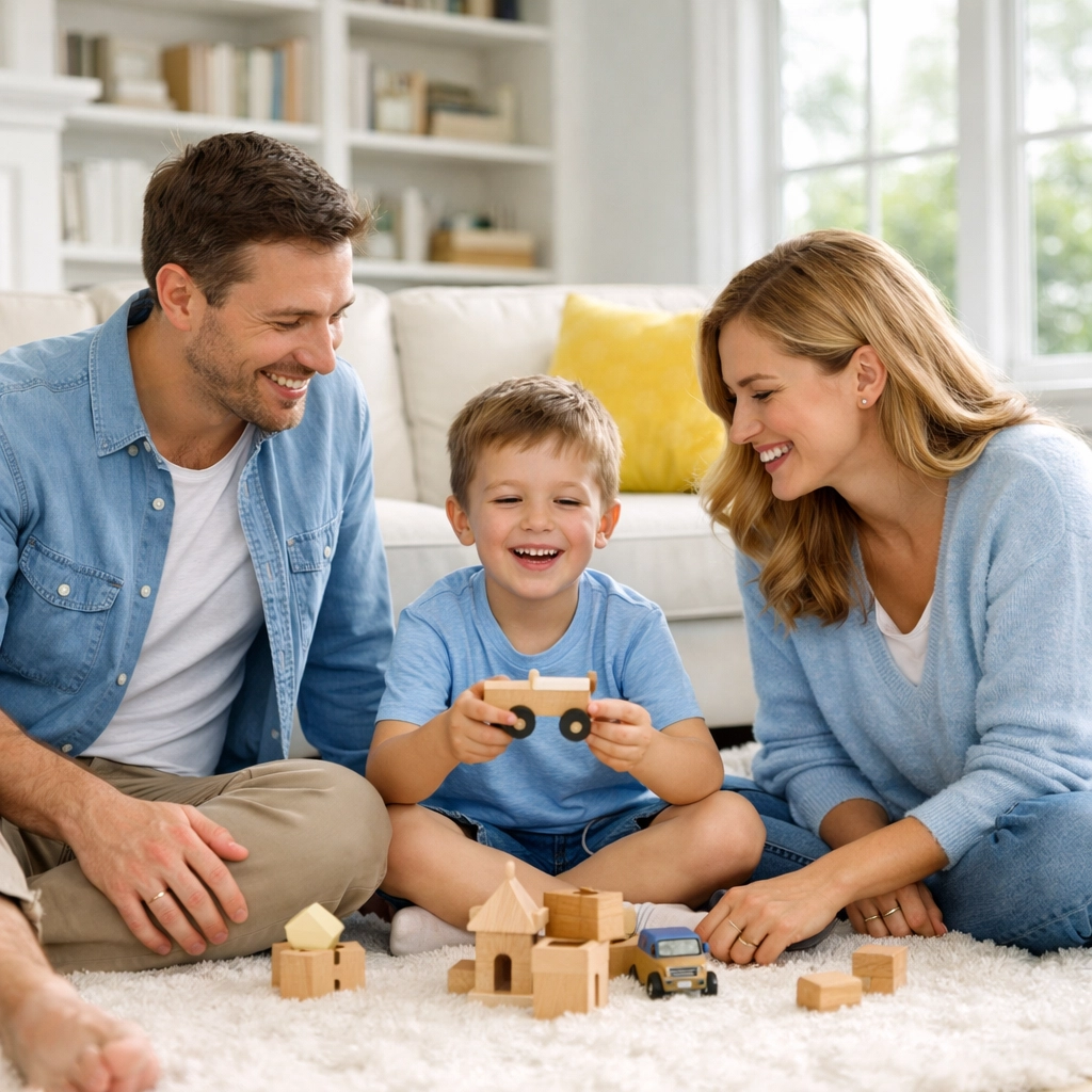 A happy family relaxing on a clean rug in a home refreshed by expert deep cleaning in North Reading services.