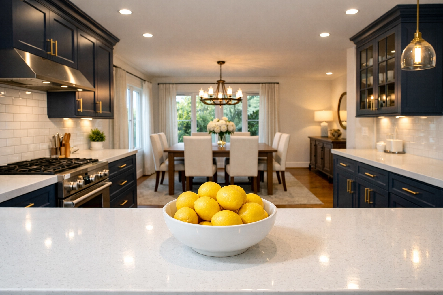 Immaculate luxury kitchen with quartz countertops highlighting quality house cleaning Ashburnham MA.