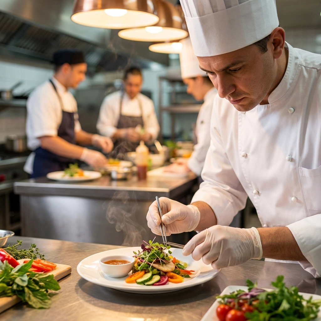 Hotel chef plating food in a busy kitchen, representing skilled EB3 visa workers in hospitality staffing