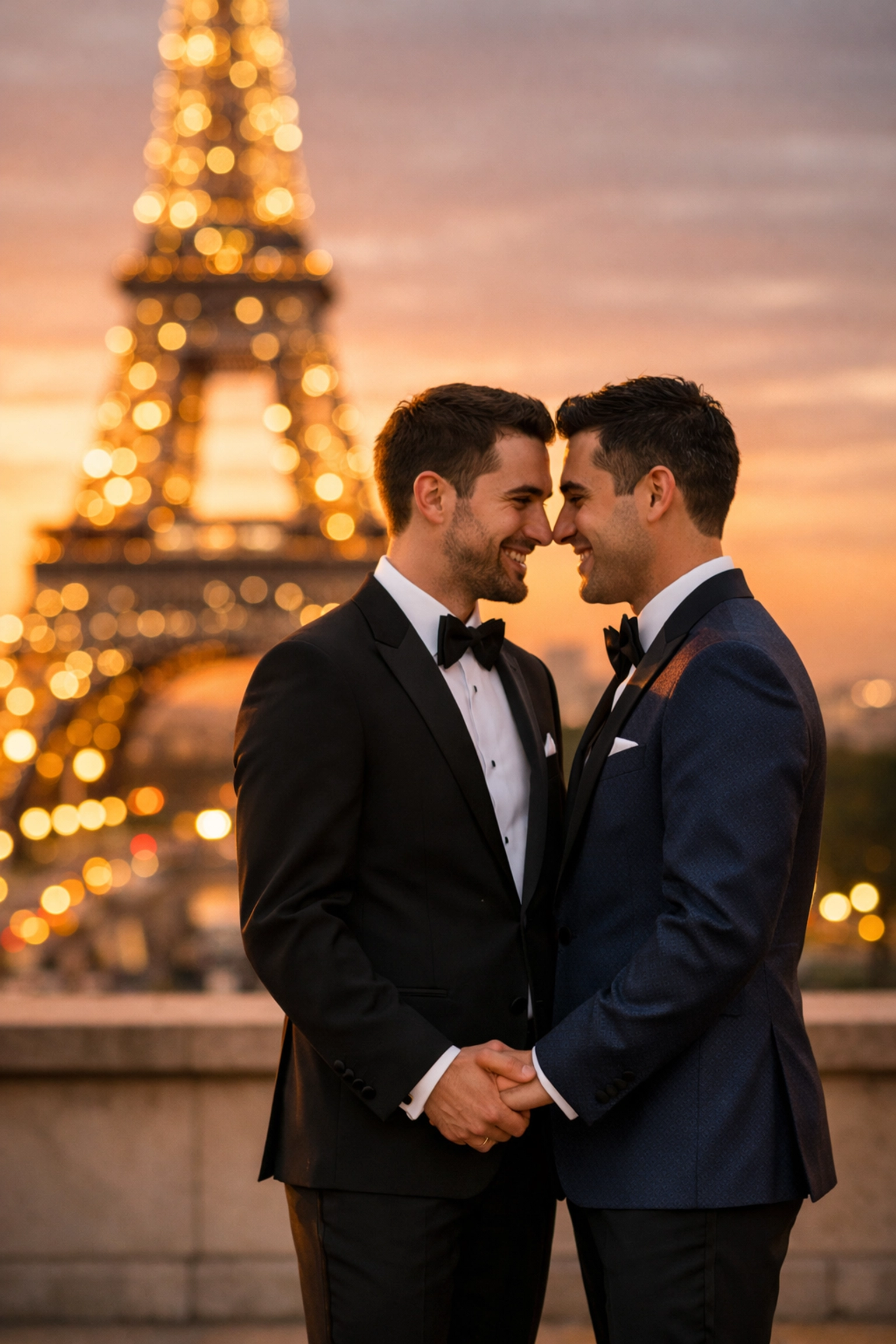 Two grooms holding hands at Eiffel Tower during Paris gay wedding ceremony at sunset