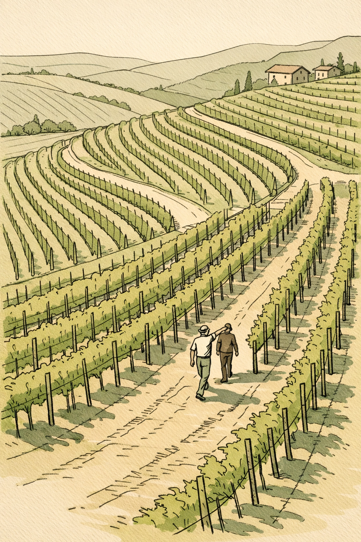 Aerial view of Italian vineyard rows with two men walking together in romantic setting