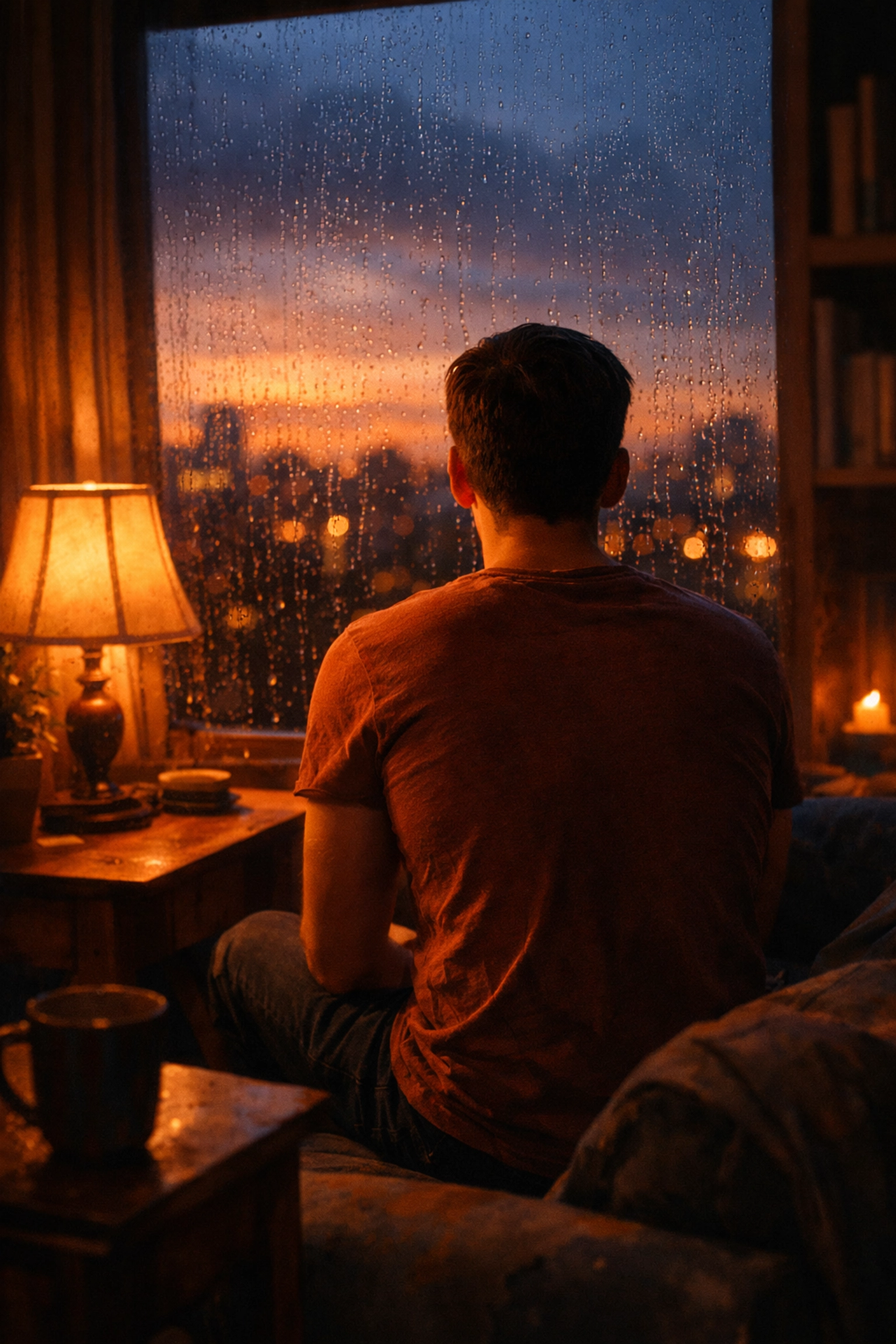 Gay man experiencing social anxiety gazing out window in quiet solitude at home