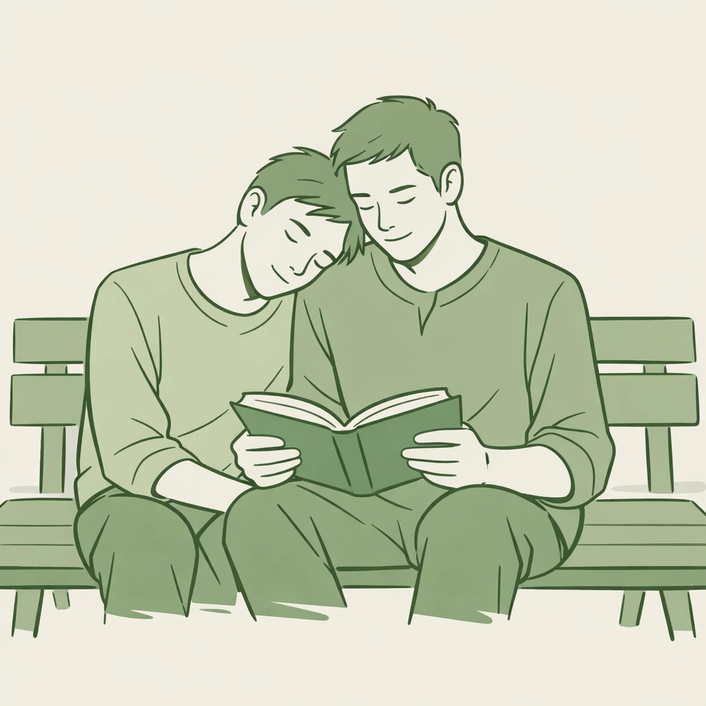 Two men sharing a quiet moment reading on a bench, representing the deep emotional bond in gay love stories.