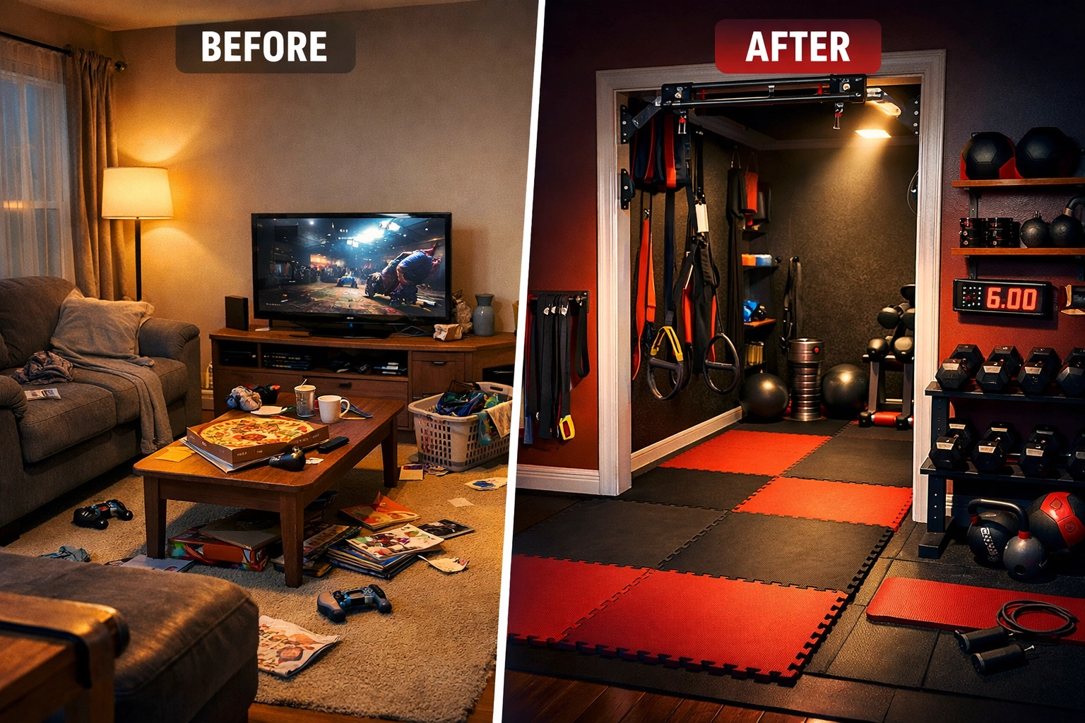 Home gym transformation showing dedicated workout space with training equipment