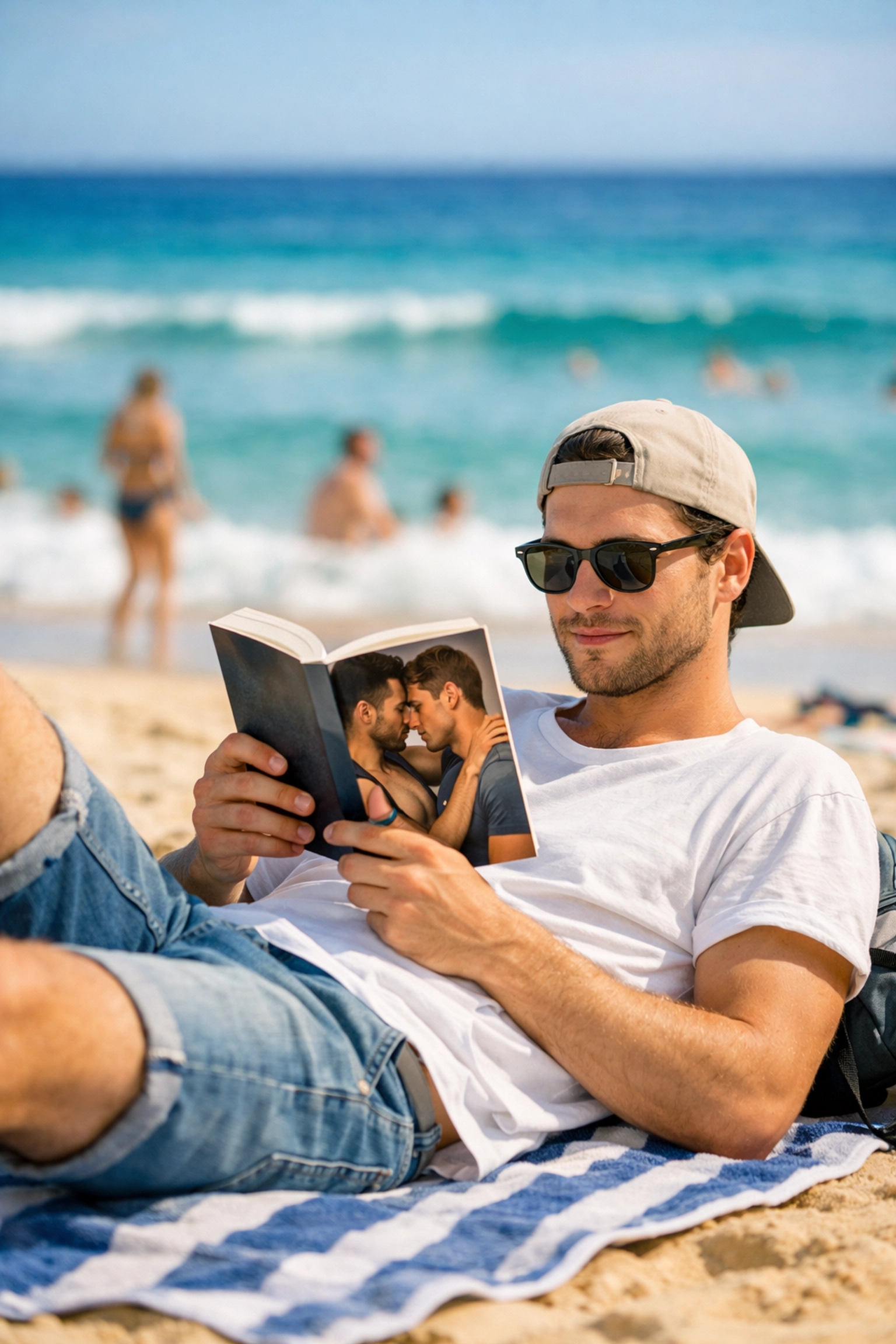 Man reading MM romance book at Bondi Beach Sydney during LGBTQ Mardi Gras season