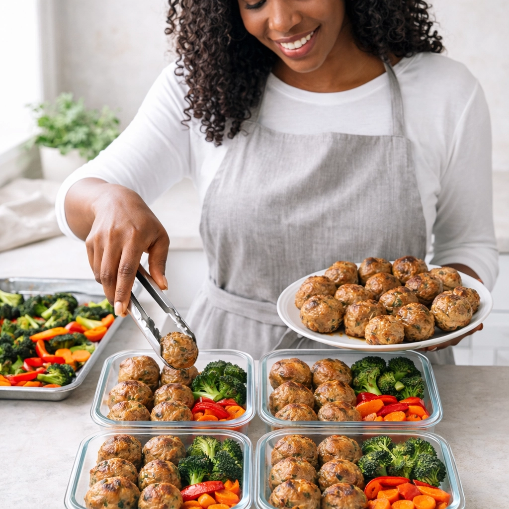 African American person meal-prepping turkey meatballs into containers with roasted vegetables for weekly dinners