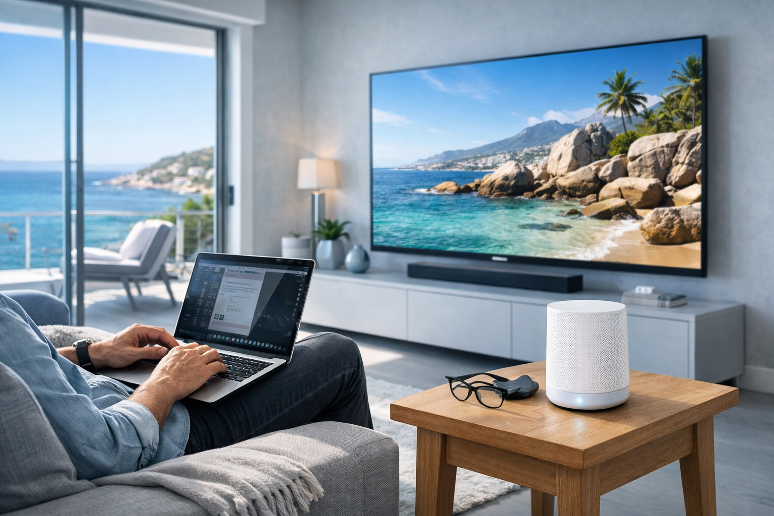 High-speed mesh WiFi and 4K streaming in a modern Atlantic Seaboard lounge.