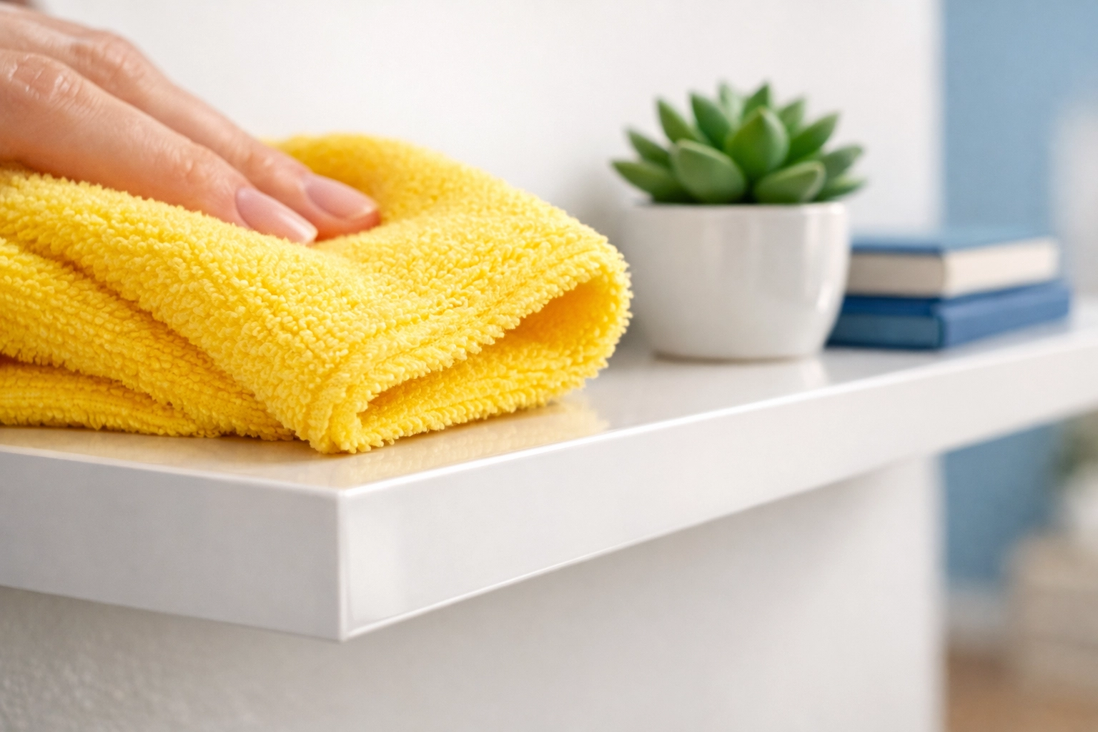 Close-up of a microfiber cloth dusting a clean shelf during a weekly house cleaning routine in Ashland.