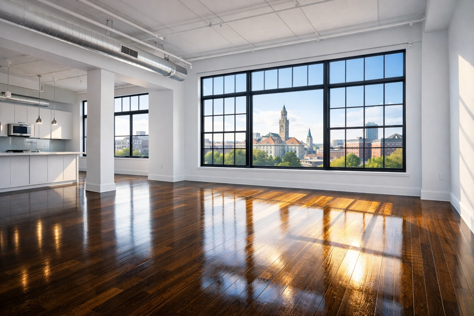 Gleaming floors in a luxury downtown loft following move-out cleaning Worcester MA services.