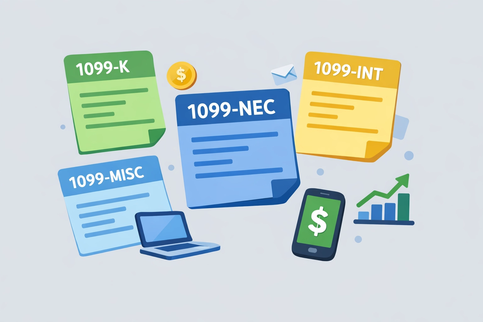 Various 1099 tax forms for freelance income, self-employment, and investment reporting