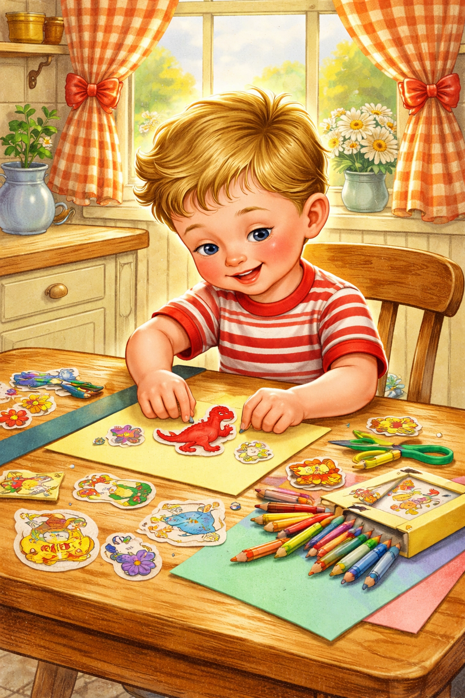 Young child creating a sticker story at a kitchen table using colorful stickers and crayons, perfect for DIY craft time.