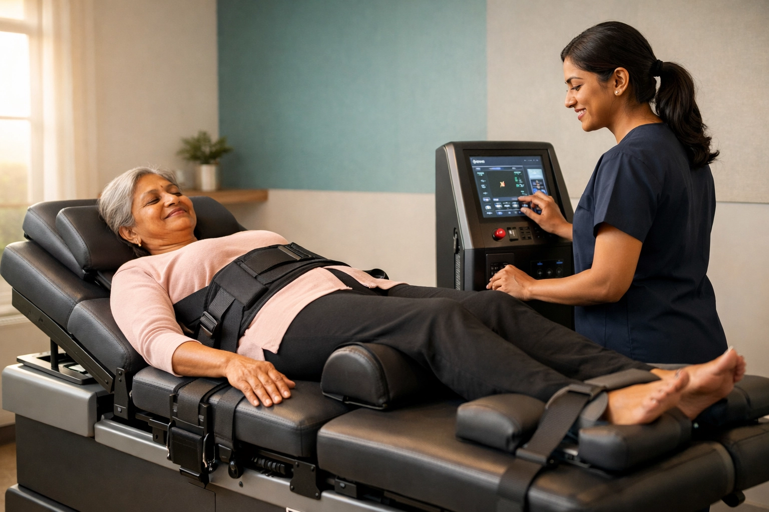 Patient undergoing FDA-approved spinal decompression treatment for non-surgical back pain recovery in Kochi.