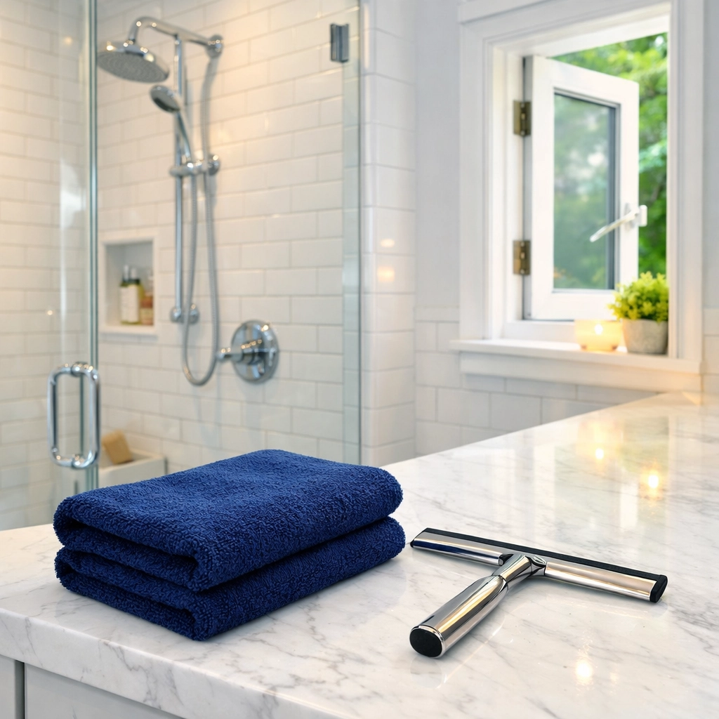 Spotless luxury bathroom with marble vanity after professional house cleaning Belmont MA service.