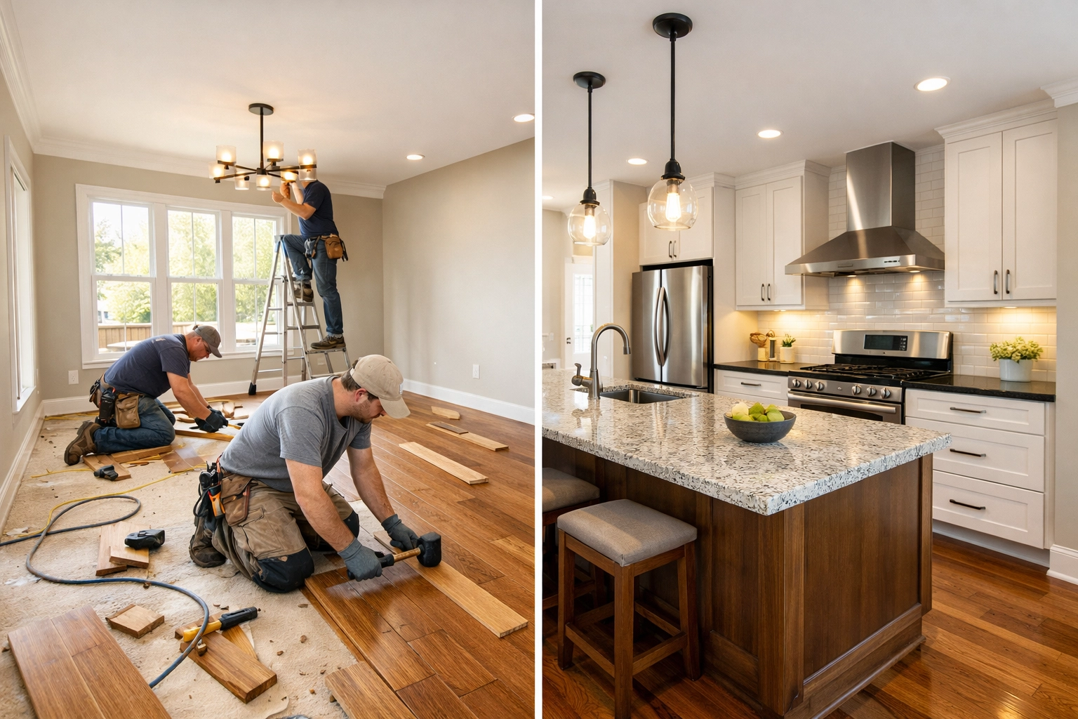 Investment property renovation showing hardwood floor installation and modern kitchen upgrade in Nashville