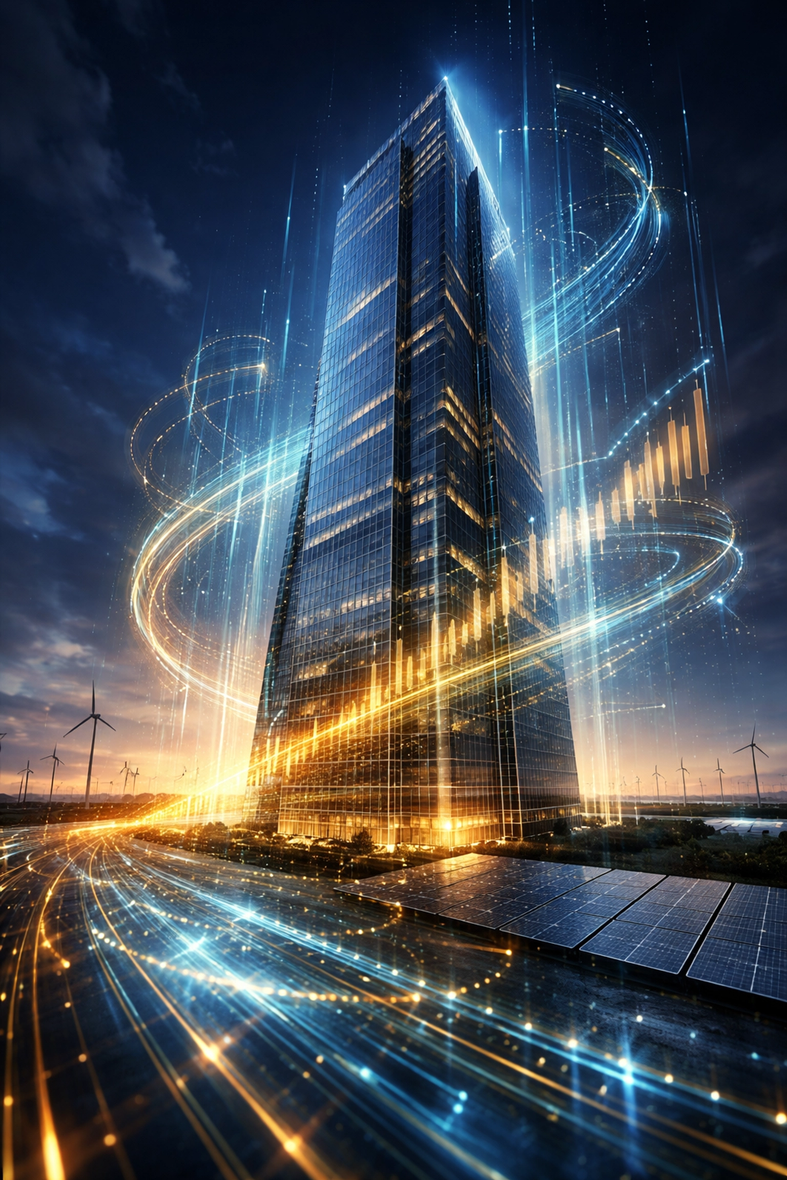 Modern skyscraper with data streams and renewable energy highlights infrastructure and private equity investment trends in 2026