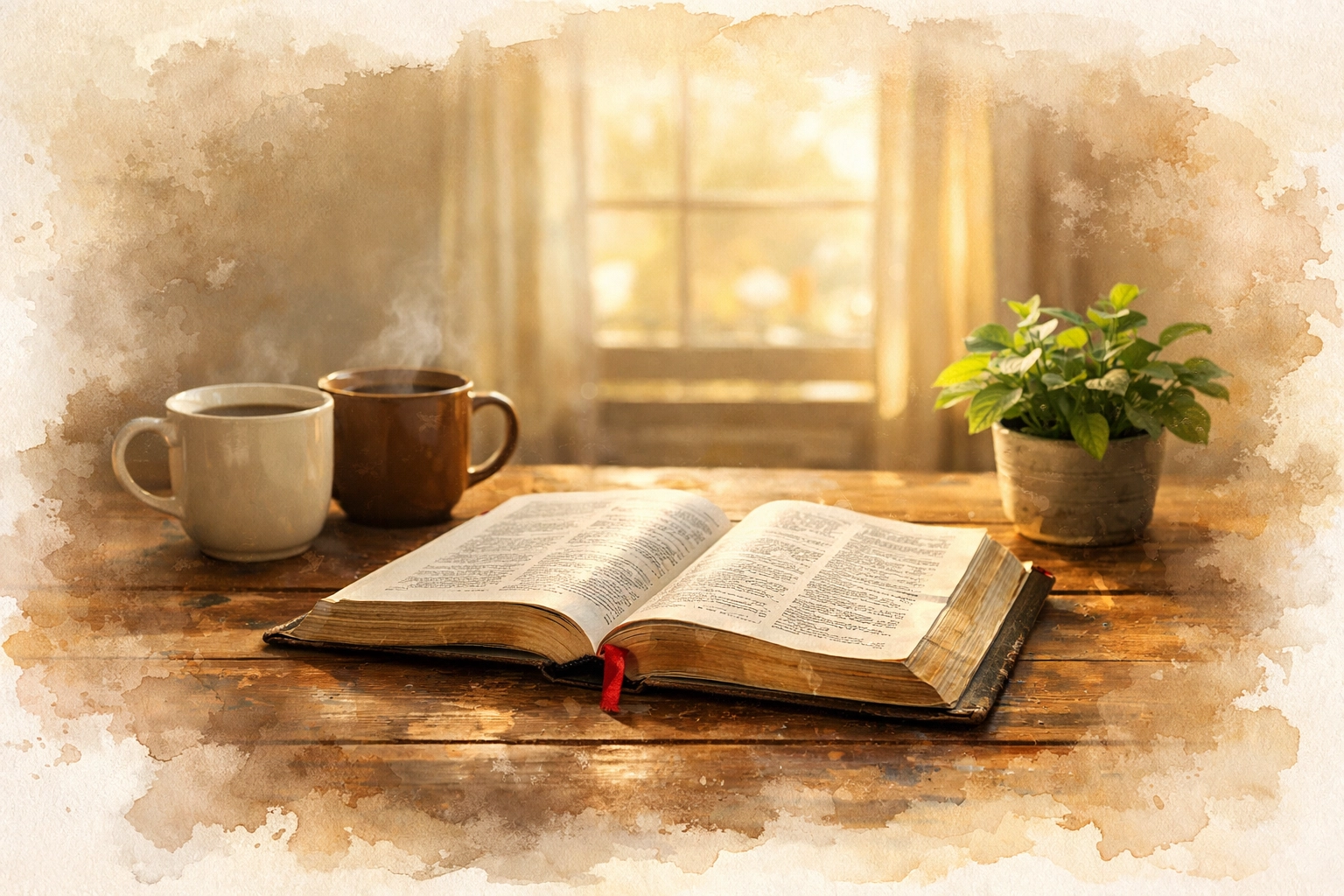 Open Bible with coffee cups on table for Christian mentorship meeting and Scripture study