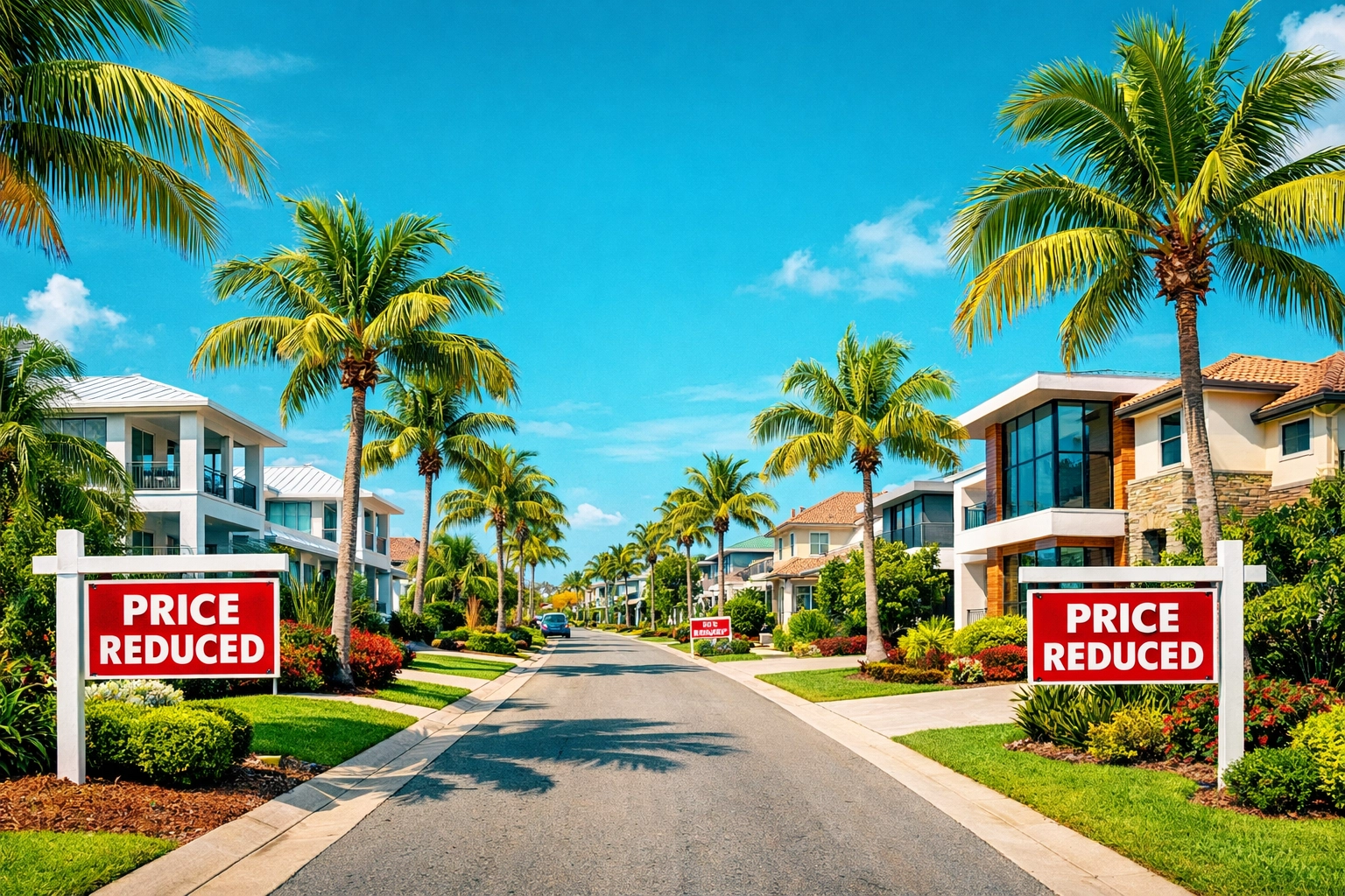 Florida residential street with Price Reduced signs and palm trees showing Southern housing market trends