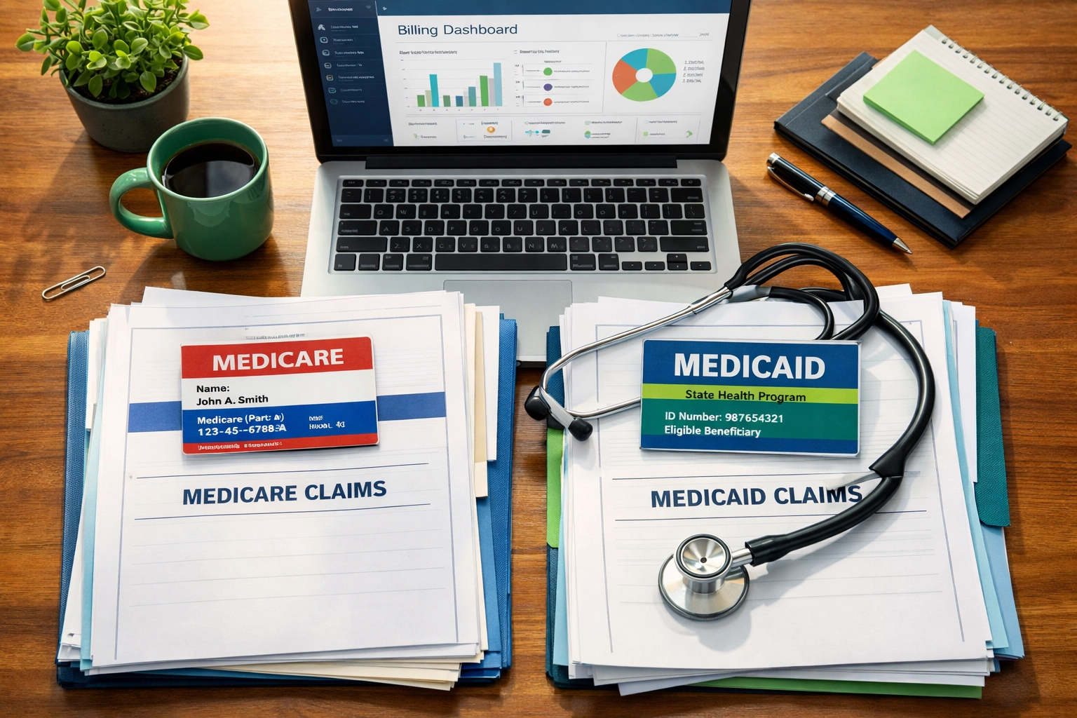 Medicare and Medicaid hospice billing documents on healthcare administrator desk
